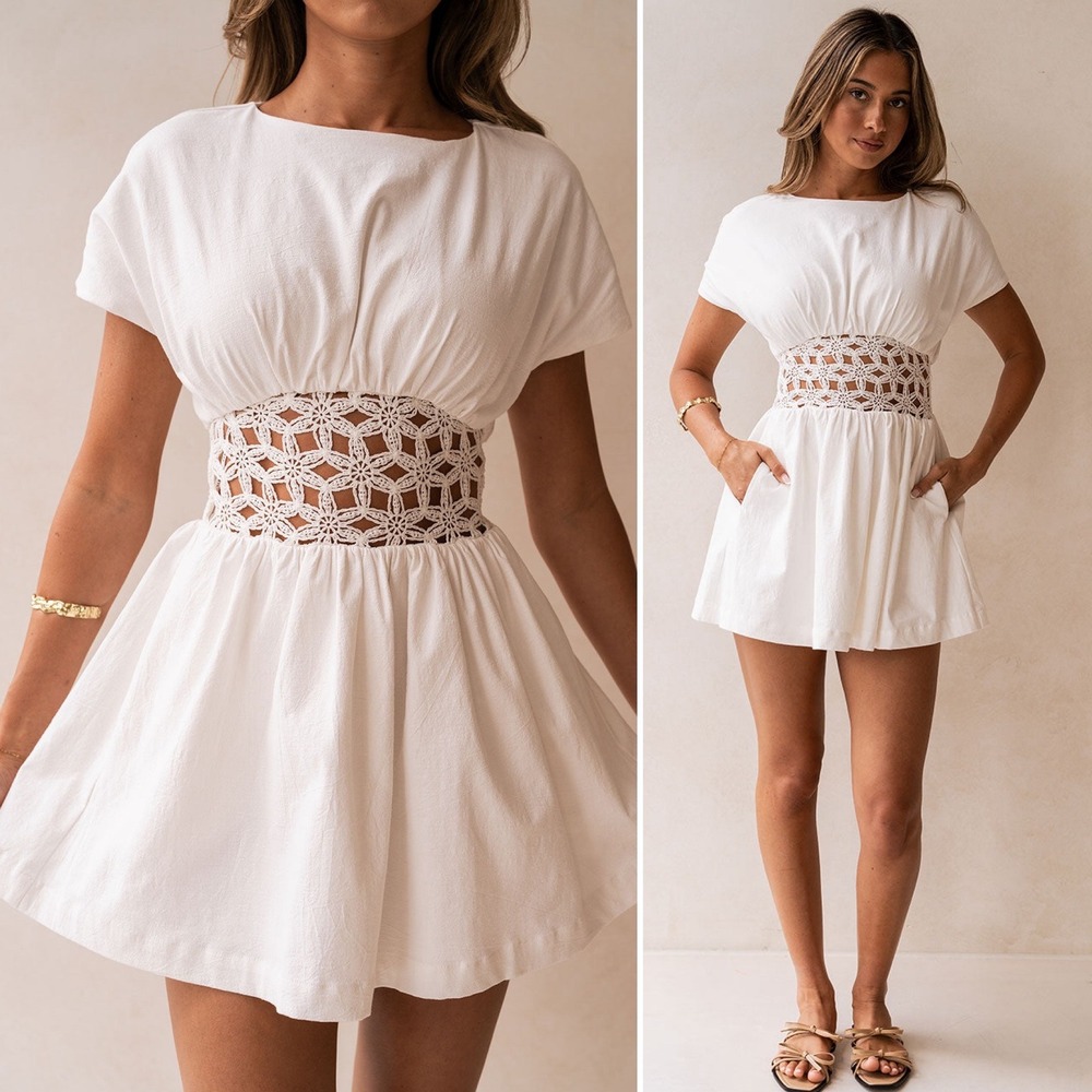 SABO Alessandra Dress NWT $140 White Crochet Waist Mini Pockets Large 8